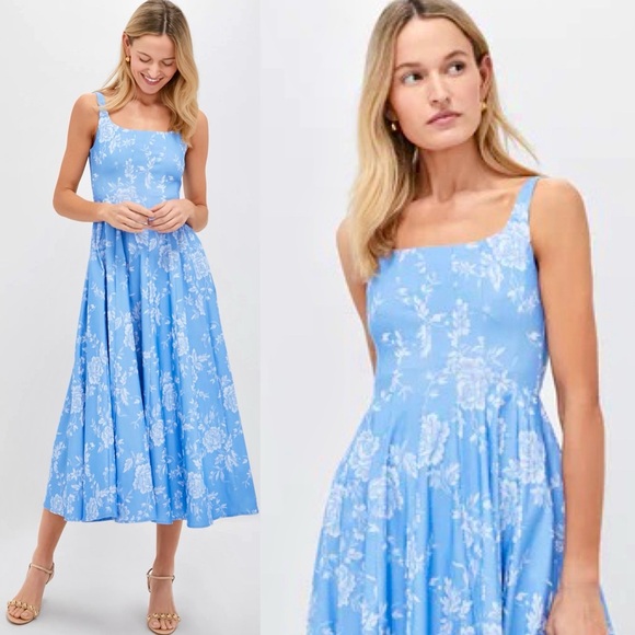 🌺🎉HP🎉🌺 NWT Staud Wells Midi Dress Blue Rose 🌟VERY RARE🌟 - Picture 3 of 16